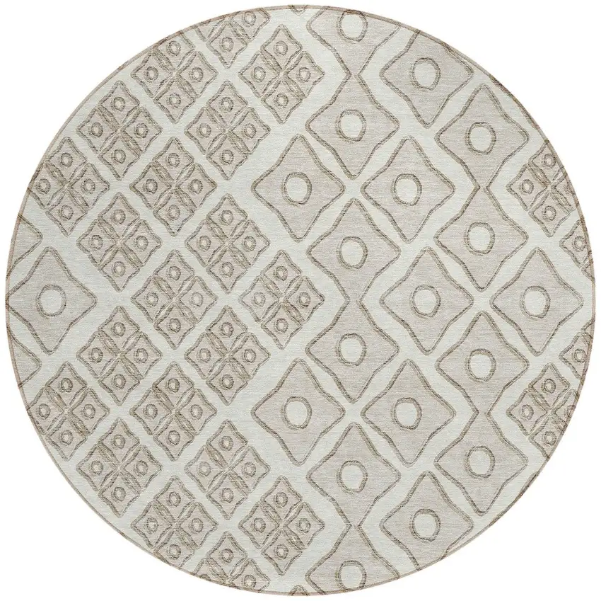 8' Ivory And Beige Round Geometric Washable Indoor Outdoor Area Rug Photo 5