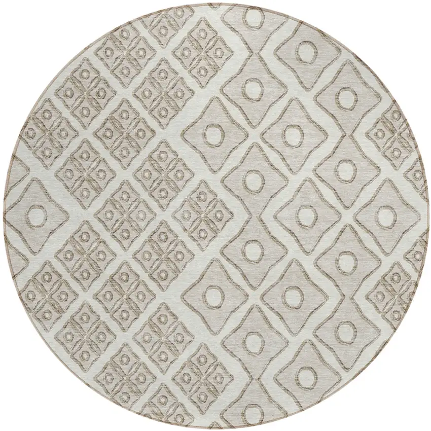 8' Ivory And Beige Round Geometric Washable Indoor Outdoor Area Rug Photo 2