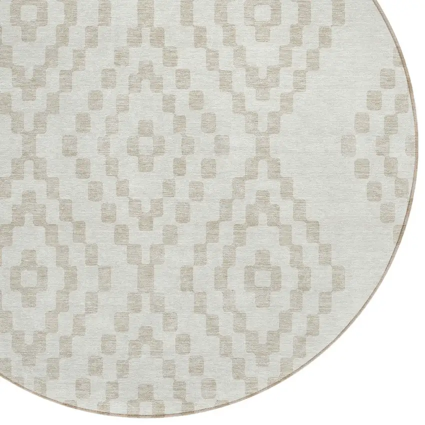 8' Ivory And Beige Round Geometric Washable Indoor Outdoor Area Rug Photo 5