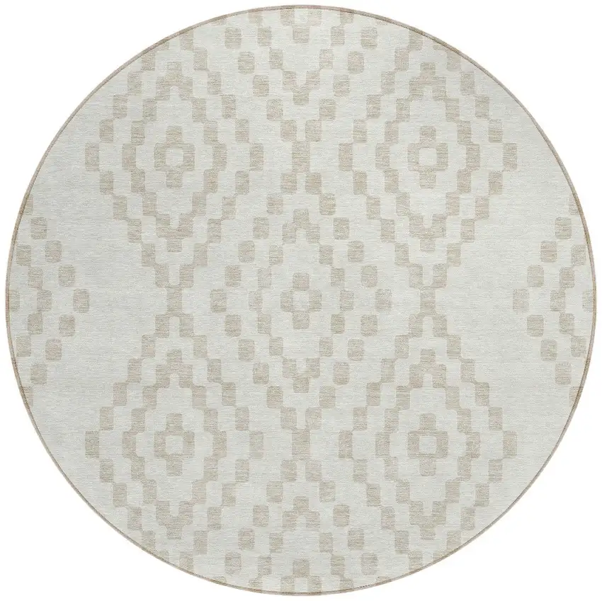 8' Ivory And Beige Round Geometric Washable Indoor Outdoor Area Rug Photo 6