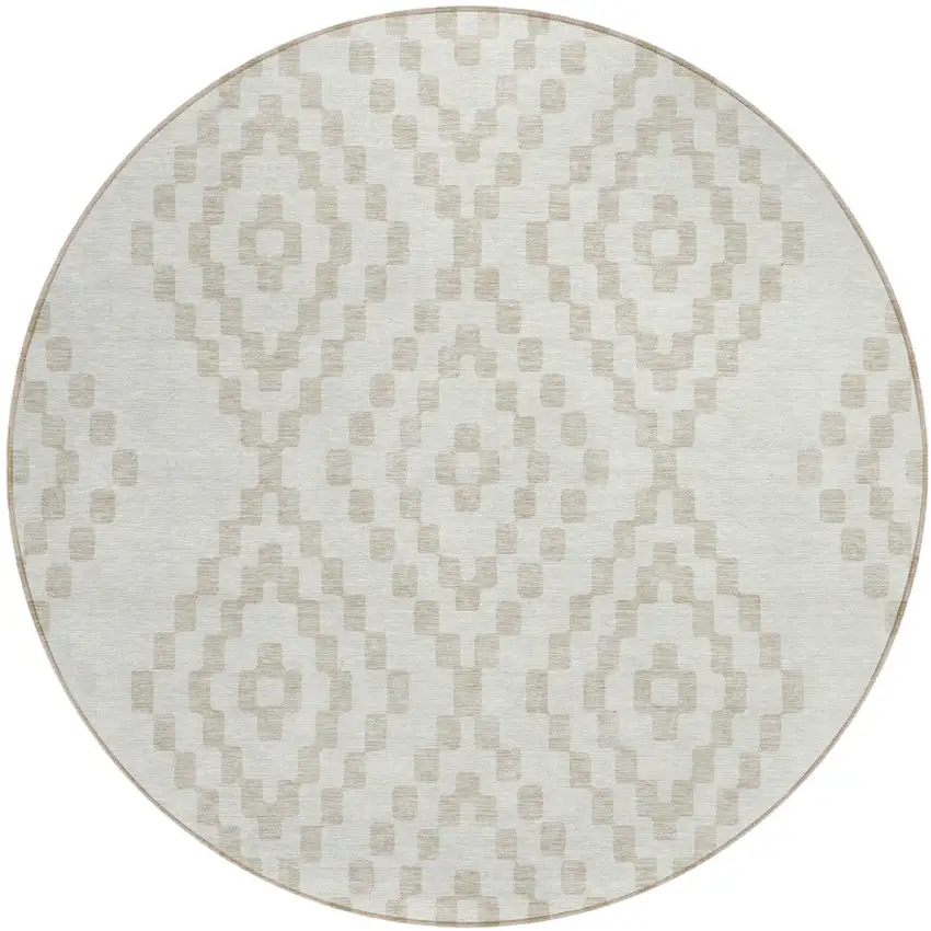 8' Ivory And Beige Round Geometric Washable Indoor Outdoor Area Rug Photo 2
