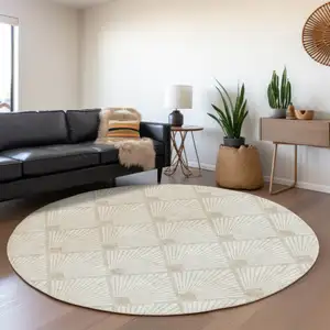 Photo of 8' Ivory And Beige Round Geometric Washable Indoor Outdoor Area Rug