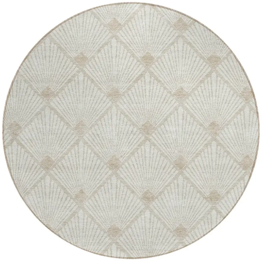 8' Ivory And Beige Round Geometric Washable Indoor Outdoor Area Rug Photo 6