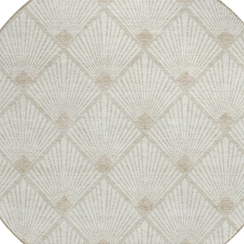 8' Ivory And Beige Round Geometric Washable Indoor Outdoor Area Rug Photo 5