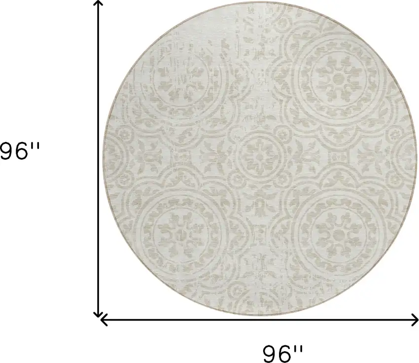 8' Ivory And Beige Round Medallion Washable Indoor Outdoor Area Rug Photo 8