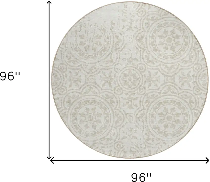 8' Ivory And Beige Round Medallion Washable Indoor Outdoor Area Rug Photo 8