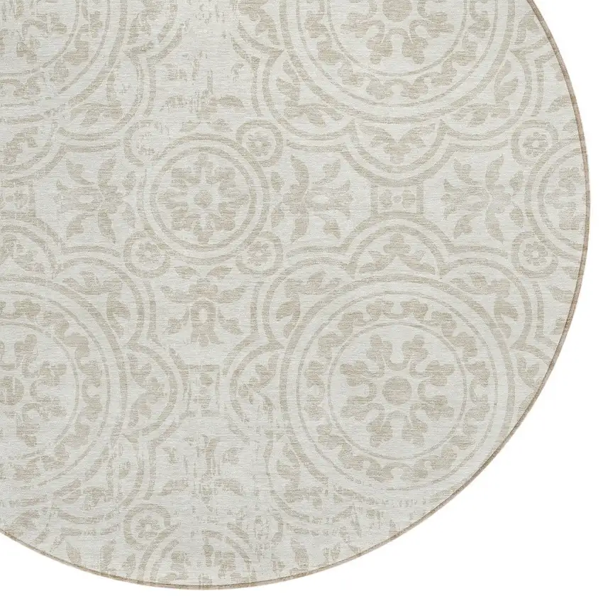 8' Ivory And Beige Round Medallion Washable Indoor Outdoor Area Rug Photo 4