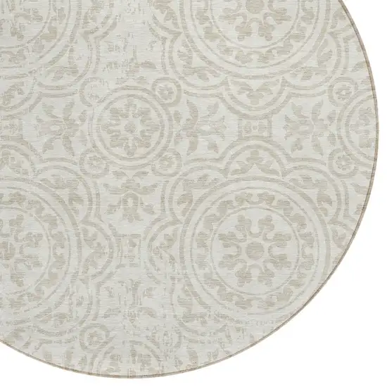 8' Ivory And Beige Round Medallion Washable Indoor Outdoor Area Rug Photo 4
