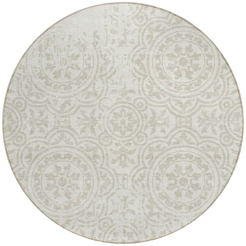 8' Ivory And Beige Round Medallion Washable Indoor Outdoor Area Rug Photo 5