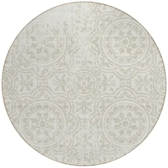 8' Ivory And Beige Round Medallion Washable Indoor Outdoor Area Rug Photo 5