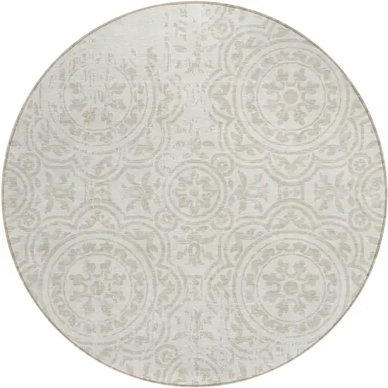 8' Ivory And Beige Round Medallion Washable Indoor Outdoor Area Rug Photo 1
