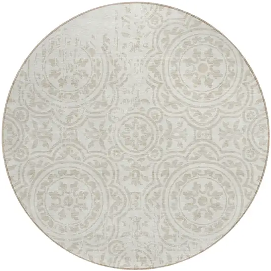 8' Ivory And Beige Round Medallion Washable Indoor Outdoor Area Rug Photo 1