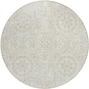Photo of 8' Ivory And Beige Round Medallion Washable Indoor Outdoor Area Rug