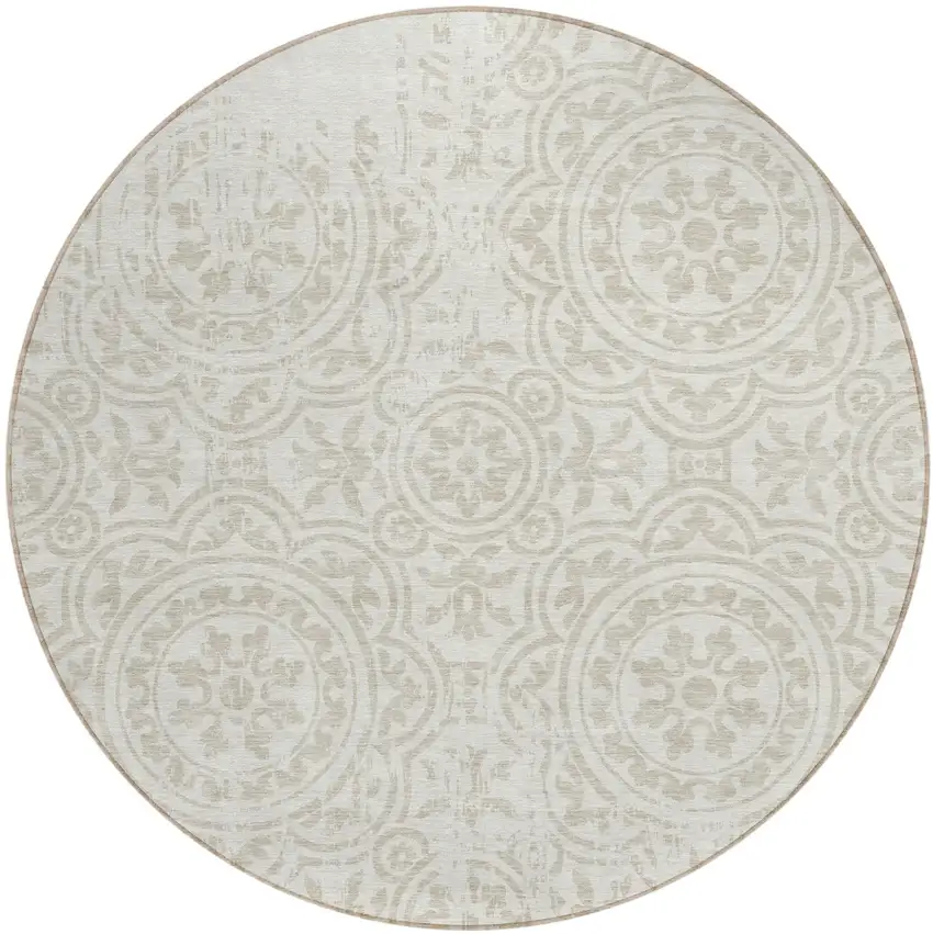 8' Ivory And Beige Round Medallion Washable Indoor Outdoor Area Rug Photo 1
