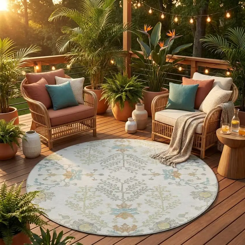 8' Ivory And Beige Round Oriental Washable Indoor Outdoor Area Rug Photo 1