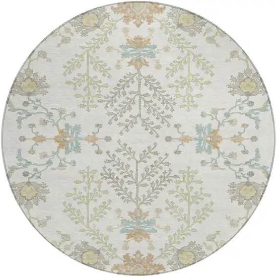 8' Ivory And Beige Round Oriental Washable Indoor Outdoor Area Rug Photo 2