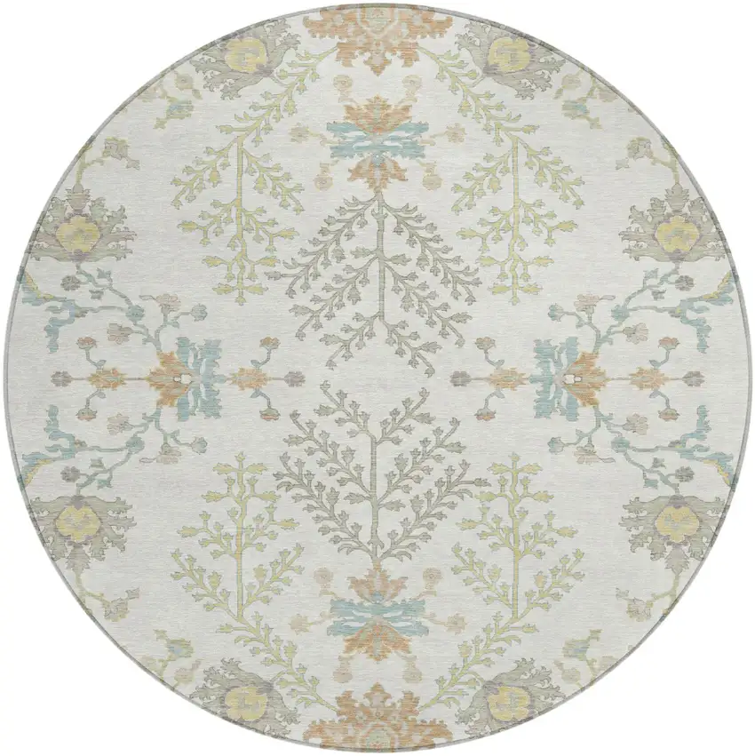8' Ivory And Beige Round Oriental Washable Indoor Outdoor Area Rug Photo 2