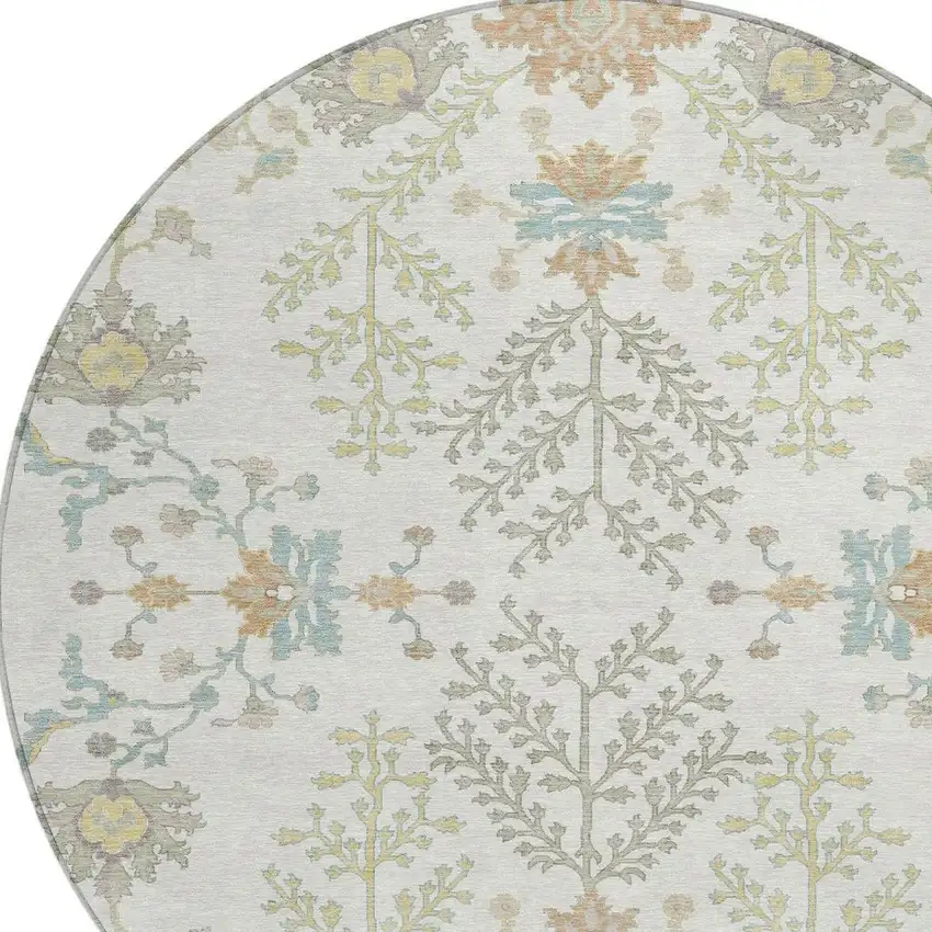 8' Ivory And Beige Round Oriental Washable Indoor Outdoor Area Rug Photo 4