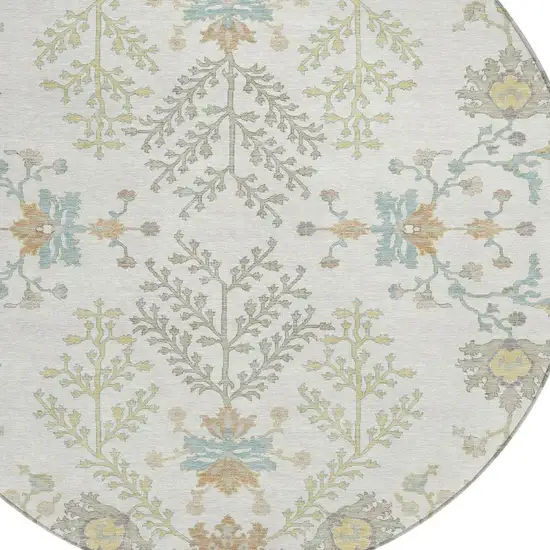 8' Ivory And Beige Round Oriental Washable Indoor Outdoor Area Rug Photo 5