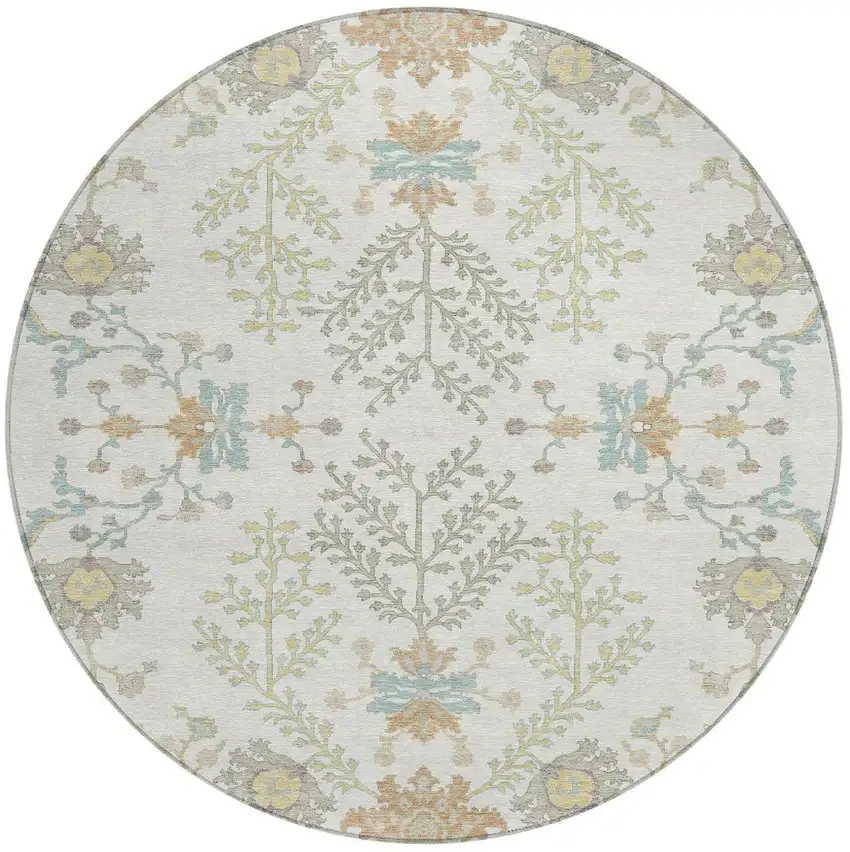 8' Ivory And Beige Round Oriental Washable Indoor Outdoor Area Rug Photo 3