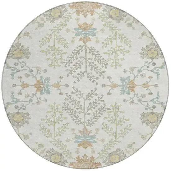 8' Ivory And Beige Round Oriental Washable Indoor Outdoor Area Rug Photo 3