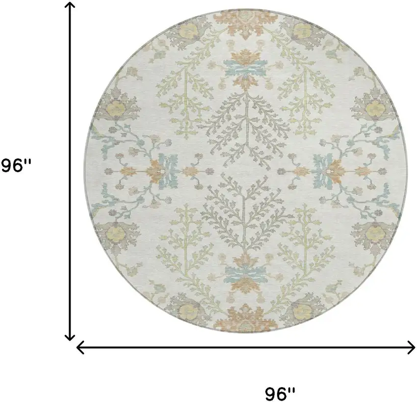 8' Ivory And Beige Round Oriental Washable Indoor Outdoor Area Rug Photo 8