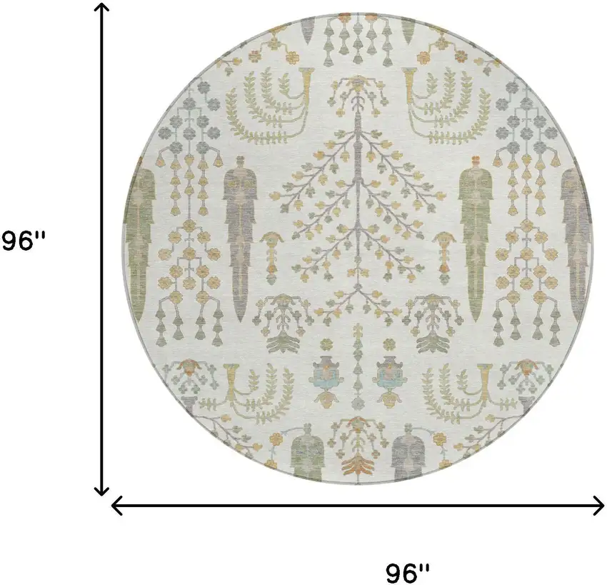 8' Ivory And Beige Round Oriental Washable Indoor Outdoor Area Rug Photo 5