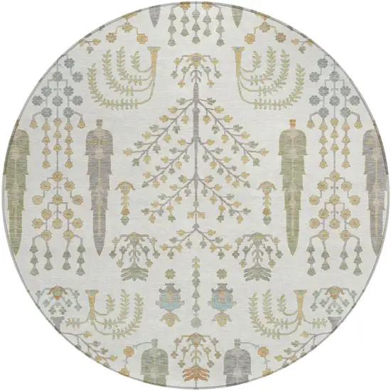 8' Ivory And Beige Round Oriental Washable Indoor Outdoor Area Rug Photo 2