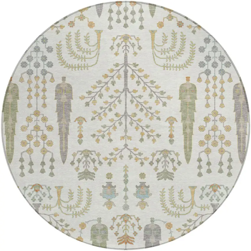 8' Ivory And Beige Round Oriental Washable Indoor Outdoor Area Rug Photo 2