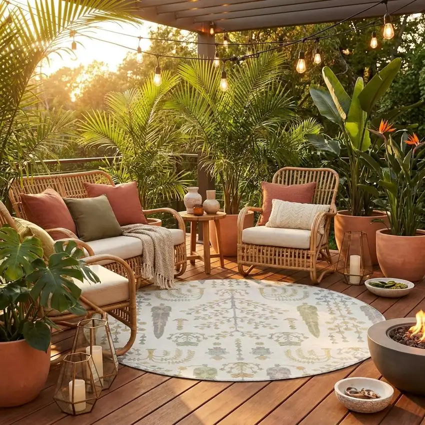 8' Ivory And Beige Round Oriental Washable Indoor Outdoor Area Rug Photo 1