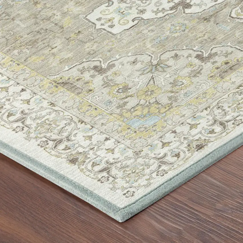 8' Ivory And Beige Round Oriental Washable Indoor Outdoor Area Rug Photo 3