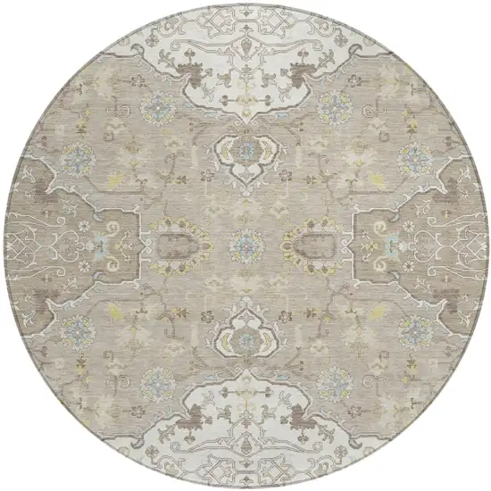 8' Ivory And Beige Round Oriental Washable Indoor Outdoor Area Rug Photo 2