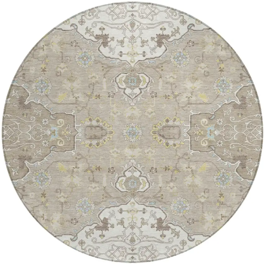 8' Ivory And Beige Round Oriental Washable Indoor Outdoor Area Rug Photo 2