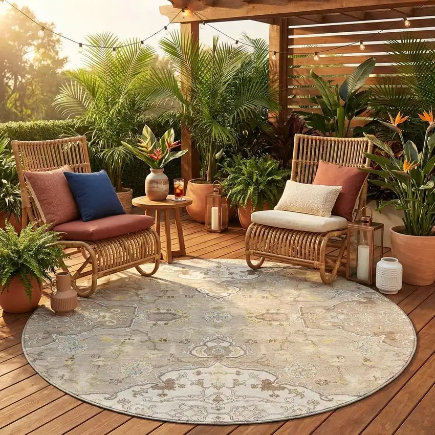 8' Ivory And Beige Round Oriental Washable Indoor Outdoor Area Rug Photo 1