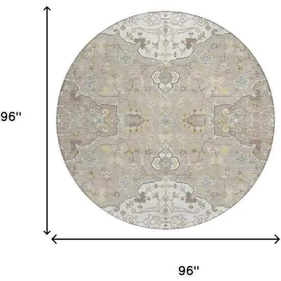 8' Ivory And Beige Round Oriental Washable Indoor Outdoor Area Rug Photo 5