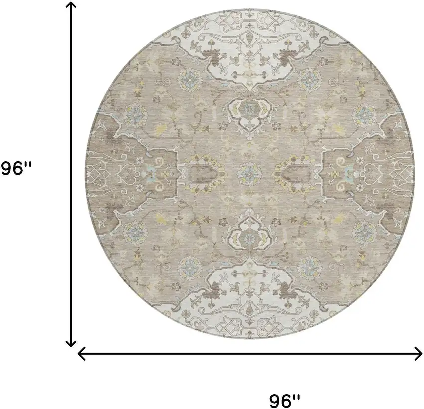 8' Ivory And Beige Round Oriental Washable Indoor Outdoor Area Rug Photo 5