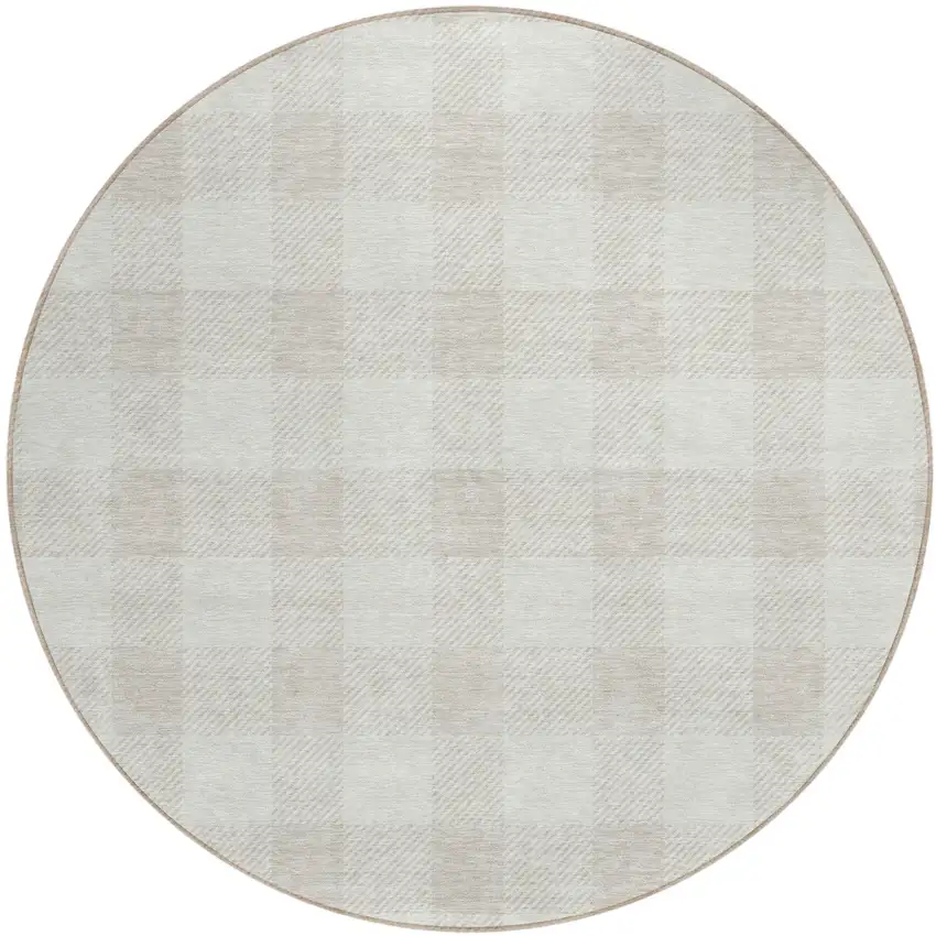 8' Ivory And Beige Round Plaid Washable Indoor Outdoor Area Rug Photo 2