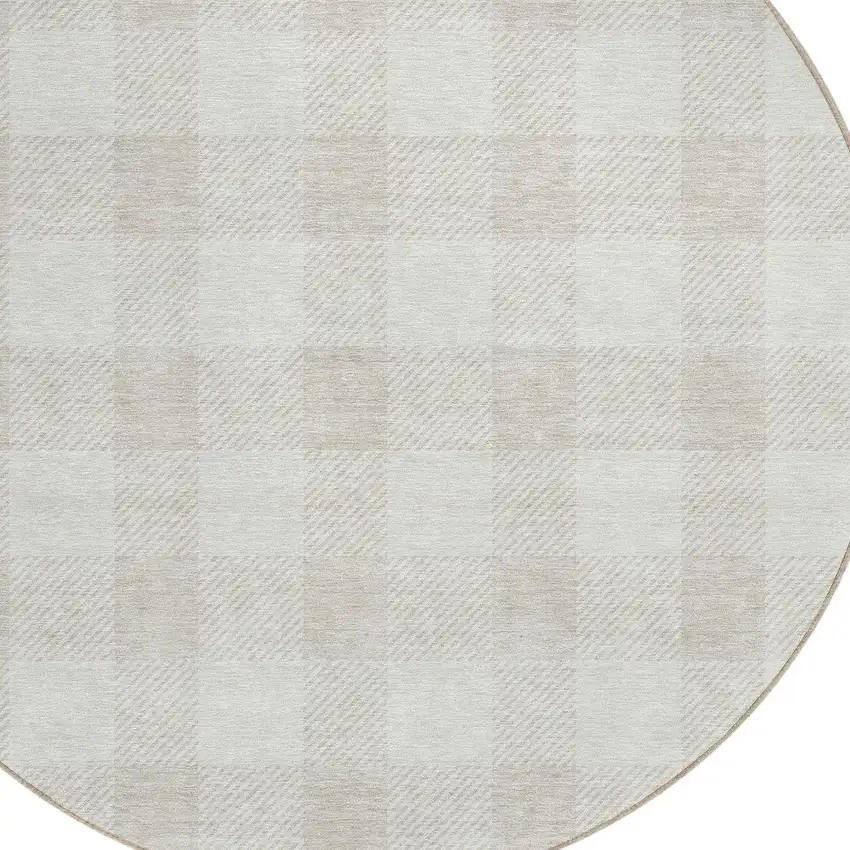 8' Ivory And Beige Round Plaid Washable Indoor Outdoor Area Rug Photo 6