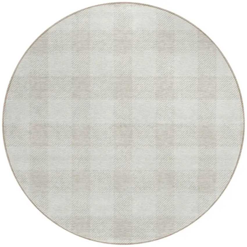 8' Ivory And Beige Round Plaid Washable Indoor Outdoor Area Rug Photo 7