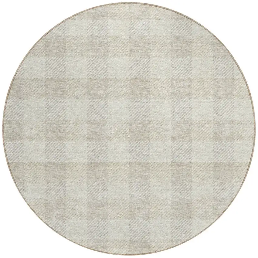 8' Ivory And Beige Round Plaid Washable Indoor Outdoor Area Rug Photo 5