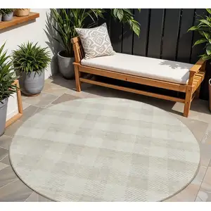 Photo of 8' Ivory And Beige Round Plaid Washable Indoor Outdoor Area Rug