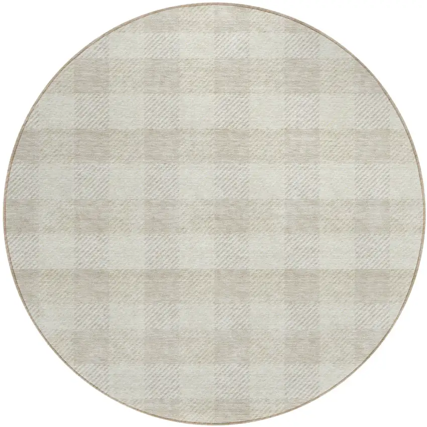 8' Ivory And Beige Round Plaid Washable Indoor Outdoor Area Rug Photo 2
