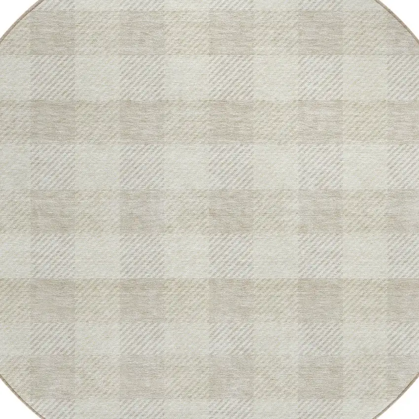 8' Ivory And Beige Round Plaid Washable Indoor Outdoor Area Rug Photo 4