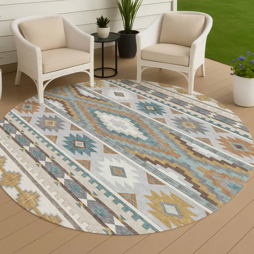 8' Ivory And Beige Round Southwestern Washable Indoor Outdoor Area Rug Photo 4