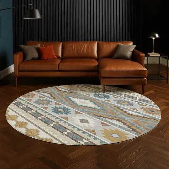 8' Ivory And Beige Round Southwestern Washable Indoor Outdoor Area Rug Photo 5