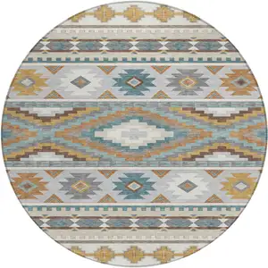 Photo of 8' Ivory And Beige Round Southwestern Washable Indoor Outdoor Area Rug
