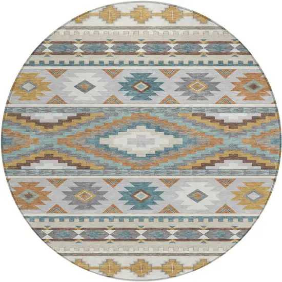 8' Ivory And Beige Round Southwestern Washable Indoor Outdoor Area Rug Photo 1