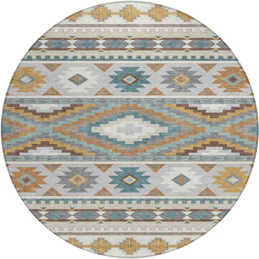 8' Ivory And Beige Round Southwestern Washable Indoor Outdoor Area Rug Photo 1