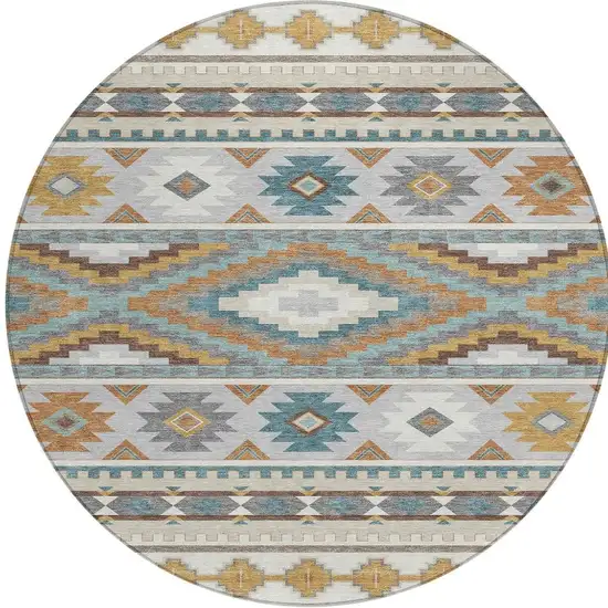 8' Ivory And Beige Round Southwestern Washable Indoor Outdoor Area Rug Photo 3