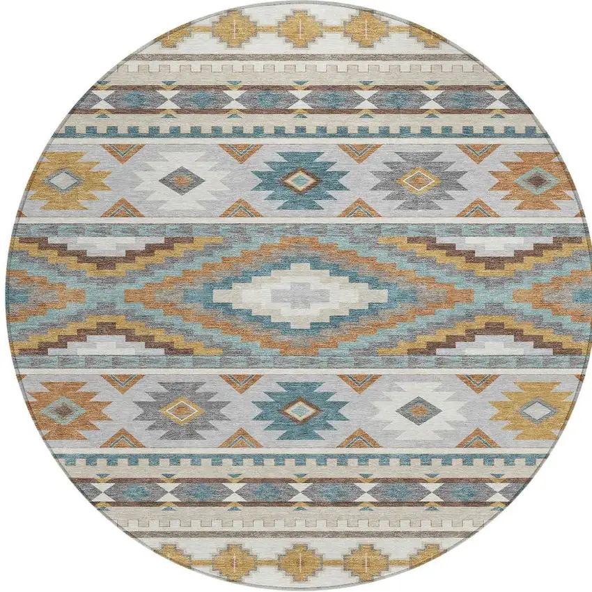 8' Ivory And Beige Round Southwestern Washable Indoor Outdoor Area Rug Photo 3